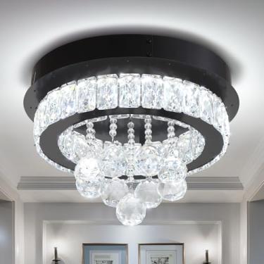 Imagem de Diâmetro 30,5 cm Mini Lustre de Montagem Embutida para Corredor, Lustres de Teto de Cristal para Sala de Jantar, Quarto, Sala de Estar, Entrada, Cozinha (Luminária de Teto Preta)