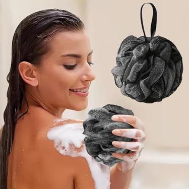 Imagem de 1 esponja esfoliante de banho, esponja macia com bola de chuveiro e almofada de malha, para família e amigos, preto e cinza