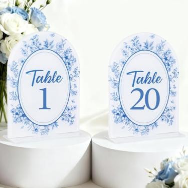 Imagem de CORNER LACE Mesa de acrílico para casamento temática Blue Toile número 1-20 com 20 peças, decoração de centro de mesa elegante de 12,7 cm x 17,8 cm para casamento, chá de panela, recepção de festa de