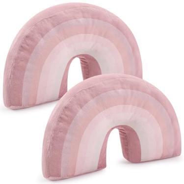Imagem de Chunful 2 peças de almofada arco-íris para meninas e crianças 35 x 21 x 10 cm de pelúcia fofa arco-íris em forma de arco para decoração de cama, cadeira de quarto, decoração de casa (pastel escuro)