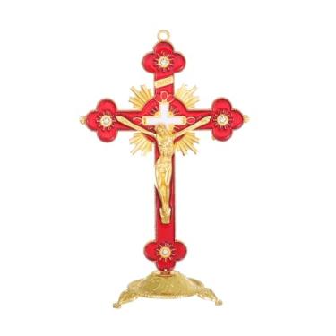 Imagem de KOMI Cruz de Jesus de metal católico de 12 cm, crucifixo esmaltado vermelho para decoração de casa, crucifixo de mesa, presente religioso