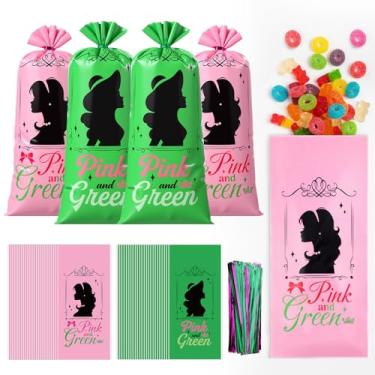 Imagem de Funrous 100 peças de sacolas de brindes de Halloween rosa e verde decorações tema bruxa celofane doces lembrancinhas com laços para Halloween, aniversário, feriado, evento, suprimentos de festa de