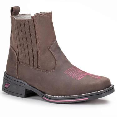 Imagem de Bota Feminina Country Couro Legítimo Floral Cano Curto Kéffor, Marrom,