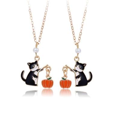 Imagem de Cykdohy Colar fofo com pingente de abóbora de gato preto de desenho animado Bff Conjunto de 2 peças Best Friend Animal Charm Corrente ajustável Halloween Holiday Party Jewelry Gifts for Sister Besties