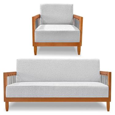 Imagem de Kit Poltrona E Sofá Living 2 Lugares Marilia 1,60m Linho Base Em Madeira Castanho - Pallazio Cor Cinza