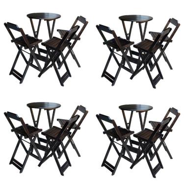 Imagem de Kit 4 Conjuntos De Mesa Bistrô Dobravel Em Madeira Maciça Com 3 Banquetas Altas - Marrom - Marrom