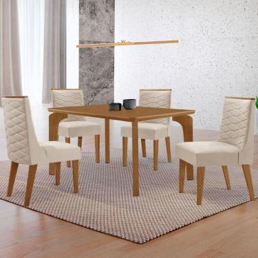 Imagem de Mesa Liz 120cm Mdf Com 4 Cadeiras Safira Veludo Creme/naturalle/naturalle