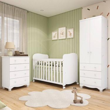 Imagem de Quarto de Bebê com Guarda-roupa 2 Portas Cômoda e Berço com Rodízios 100% Mdf Mimo Espresso Móveis Branco Brilho