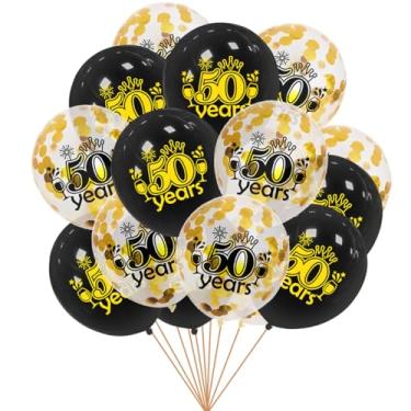 Imagem de 16 balões de aniversário de 50 anos, 30,5 cm, grande, látex, 50 anos de idade, decoração de festa em ouro preto, adereços para fotos de balões impressos para decoração de festa de cinquenta anos de
