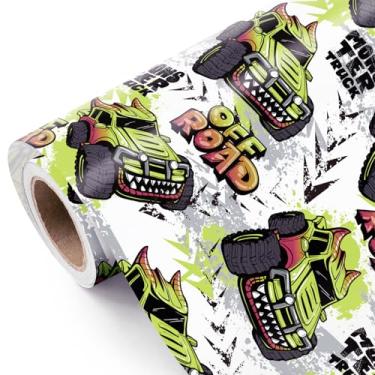 Imagem de WRAPAHOLIC Rolo de papel de embrulho Monster Truck - Mini rolo - 43 cm x 24 metros - Papel de embrulho de carro de caminhão monstro dragão off-road, perfeito para crianças, meninos, aniversário, chá