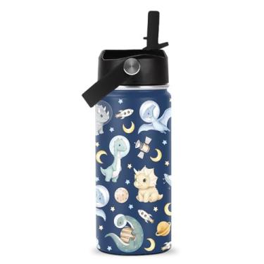 Imagem de ROVOZAR Space Dinosaur Gifts – Garrafa de água de dinossauro espacial de 473 ml com tampa de canudo – Copo térmico infantil de aço inoxidável azul dinossauro para escola, esportes, viagem para amantes