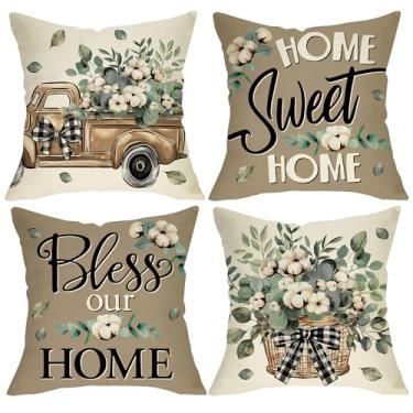 Imagem de Fjfz Home Sweet Home Farmhouse Capas de almofada decorativas 45,7 x 45,7 cm, conjunto de 4, Bless Our Home Country Truck Folhas de eucalipto, decoração ao ar livre, capa de almofada de sofá rústica
