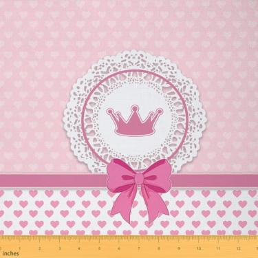 Imagem de Tecido de coroa de princesa poliéster por jarda, laço rosa kawaii, tecido de renda feminina para projetos DIY, corações de amor, tecidos românticos de contos de fadas para estofamento, 1 jarda 91 cm C