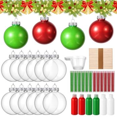 Imagem de Baderke 12 peças de enfeites de plástico transparente para pendurar de Natal com 6 tintas, 12 glitters, bastões e copos de mistura, bolas de enfeite de Natal DIY para decoração de árvore