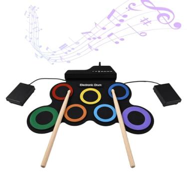Imagem de Bateria Elétrica Portátil com 7 Pads Jack para Fones de Ouvido Pedais Baquetas Instrumentos Musicais Almofada Prática Presente Feriado Aniversário Kit