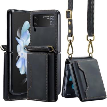 Imagem de LUMINFLY Capa carteira transversal para Galaxy Z Flip 6, couro sintético com suporte para cartão e alça removível preta
