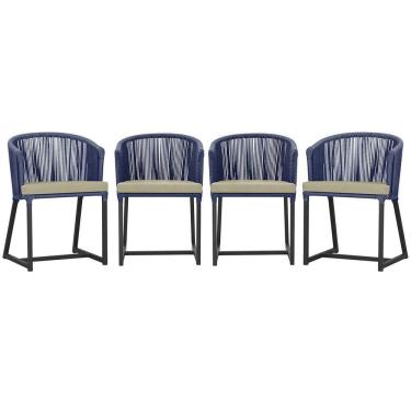 Imagem de 4 Cadeiras De Jantar Noronha Preta Corda Náutica E7 Trama Azul