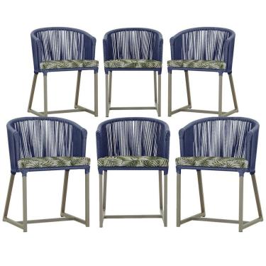 Imagem de 6 Cadeiras De Jantar Noronha Fendi Corda Náutica E5 Trama Azul