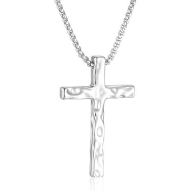 Imagem de Esrial Colar com cruz martelada para homens, pingente de cruz martelada com corrente de caixa vintage exclusivo crucifixo para homens, 45 a 61 cm, colar de cruz cristã, religioso, presente de Natal