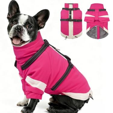 Imagem de MIGOHI Casaco para cães com arnês embutido, jaqueta de inverno 2 em 1 à prova de vento, roupa de neve refletiva térmica com gola rolê, casaco de lã com zíper nas costas para cães pequenos, chihuahua