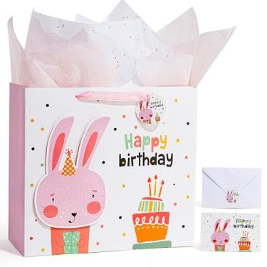 Imagem de Enfoldia Bolsa grande de presente de feliz aniversário de coelhinho rosa de 33 cm para meninas com cartão de felicitações, papel de seda, design de coelho com glitter, sacos de embrulho de presente