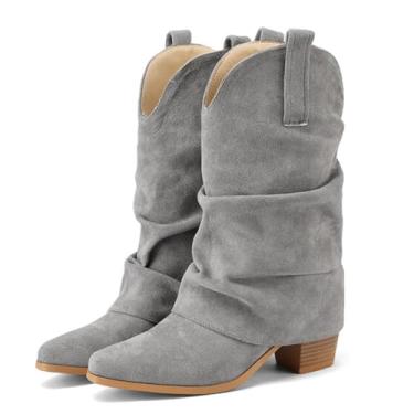 Imagem de Alsoloveu Botas femininas dobráveis, cano médio, bico fino, salto grosso, bota caubói ocidental, botas de cowgirl empilhadas, Cinza, 37