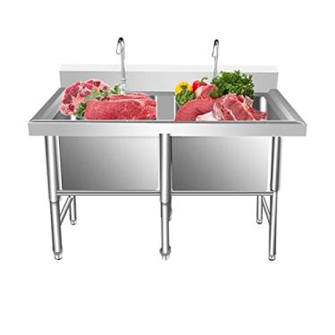 Imagem de Pia utilitária de preparação de cozinha comercial com 2 compartimentos, banheiras e pia de garagem industrial de drenagem (120 x 70 x 80 cm/47,2" x 27,5" x 31,4")