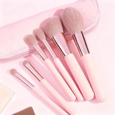 Imagem de 6 pincéis de maquiagem, portátil para transporte, base, blush, sombra, corretivo de manchas para um visual de maquiagem rápido e perfeito (rosa)