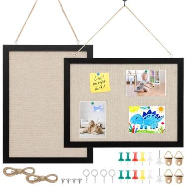 Imagem de 2 peças de quadro de pinos de cortiça com placa de parede de cortiça decorativa de linho com moldura de madeira para decoração de parede de escritório, casa e escola, 40 x 30 cm (preto, 2)