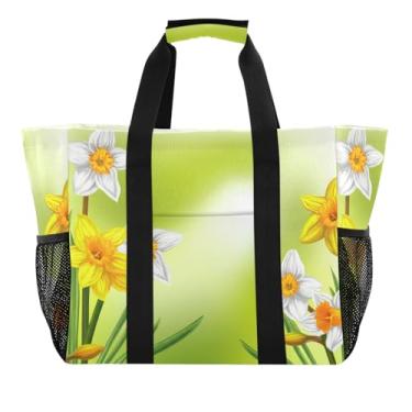 Imagem de Wassud Sacolas de compras reutilizáveis amarelas florais grande bolsa organizadora de lona impermeável para praia, piquenique, lavanderia, viagem