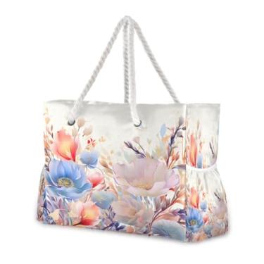 Imagem de Wassud Bolsa de praia branca clara floral grande bolsa de praia para mulheres, à prova d'água, à prova de areia, bolsa de viagem com zíper e bolso, piscina, academia, acampamento