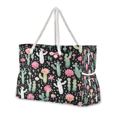 Imagem de Wassud Bolsa de praia floral com cacto grande, para mulheres, impermeável, à prova de areia, bolsa de viagem com zíper e bolso para piscina, academia, acampamento