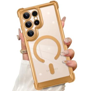 Imagem de TYBUTHE Capa magnética feita para Samsung Galaxy S25 Ultra de 6,9 polegadas [compatível com MagSafe] Capa de telefone fina de TPU macio antiarranhões proteção contra quedas translúcida dourada para