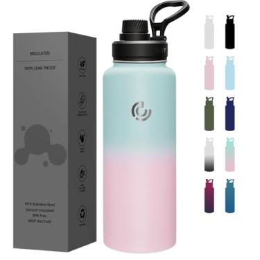 Imagem de COKTIK Garrafa de água isolada de aço inoxidável com canudo de 1,18 litros, 3 tampas, leve à prova de vazamento para caminhadas, ciclismo, corrida (chiclete)