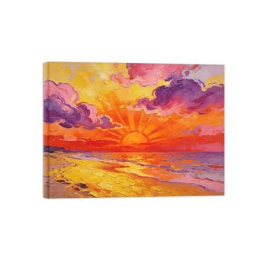 Imagem de Arte de parede paisagem imagem em tela - praia pôr do sol nuvens - pintura de decoração moderna - impressões para sala de estar pronto para pendurar 50 x 65 cm 20 x 26 pol tela embrulhada