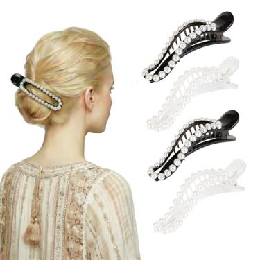 Imagem de Grampos de cabelo planos para mulheres, 4 peças de clipes de garra de pérola para cabelos finos e grossos, clipes jacaré de tubarão grandes, clipes de bico de pato antiderrapantes de acrílico elegante