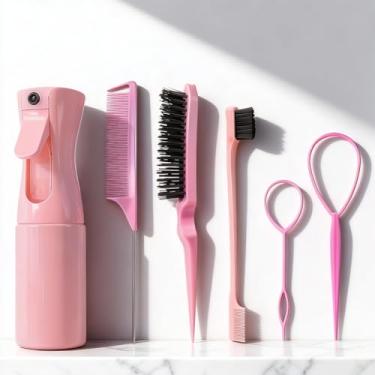 Imagem de Conjunto de 6 pentes para penteados com frasco de spray, escova de controle de borda, pente de cauda de rato, escova de provocação e acessórios de trança de cabelo para estilo feminino