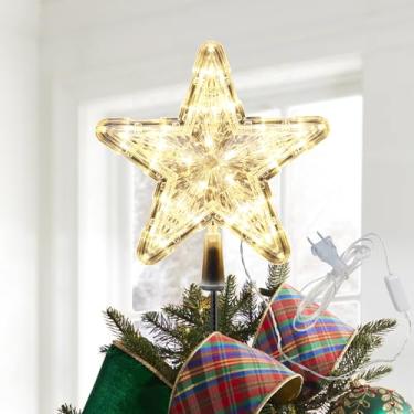 Imagem de Topo de árvore de Natal, enfeite de árvore de Natal com luzes, ornamentos clássicos de decorações de Natal para o Natal, estrela grande de prata com glitter de 23 cm com clipes de LED para árvores