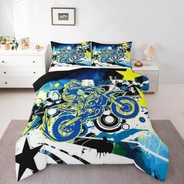 Imagem de Feelyou Jogo de cama queen com estampa de motocross, corrida, motocross, esportes radicais, para meninos e meninas, adolescentes, para decoração de quarto com 2 fronhas