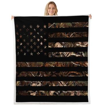 Imagem de Feelyou Cobertor de lã com bandeira americana 127 cm x 152 cm para crianças, marrom, camuflagem, botânico, cobertor de pelúcia para meninos, adolescentes, ramo, caça, sherpa, respirável, camuflagem,