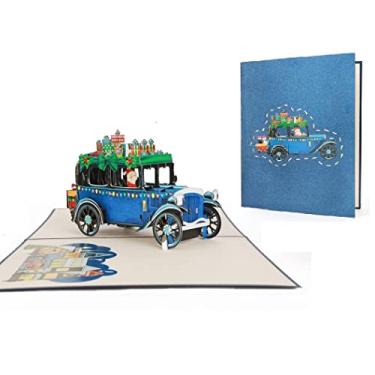 Imagem de Cartão de Natal Pop Up 3D, Papai Noel 3D em um cartão Pop Up Jeep, cartão divertido de Natal, cartões 3D de saudações de Natal, cartão de feliz Natal para filho, marido, pai, carro de Natal 3D, azul, X08