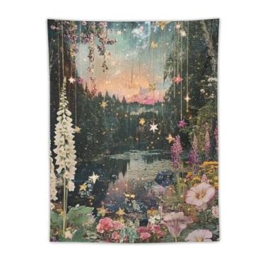 Imagem de Tapeçaria de parede extravagante floresta estrelada lago pendurado glitter galáxia noite cogumelos flores silvestres cottagecore decoração de sonho para quarto dormitório leitura recanto decoração