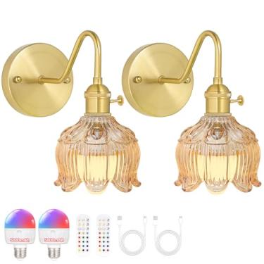 Imagem de NELICOND Conjunto de 2 arandelas de parede operadas por bateria, arandelas vintage sem fio com sombra de vidro tulipa âmbar, temperatura de 15 cores, bateria recarregável de 5000 mAh, luzes de parede