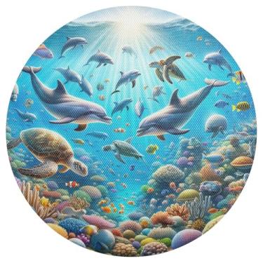 Imagem de Conjunto de 1 tapete de mesa azul com golfinhos subaquáticos, lavável de 38 cm, jogo americano redondo de PVC, para mesa de jantar, mesa de cozinha