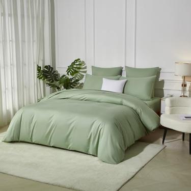 Imagem de YASMENG Capa de edredom 100% algodão, conjunto Queen verde sálvia, luxuoso, macio, macio, sedoso, tecido de cetim, capa de edredom 400TC algodão orgânico durável qualidade hotel conjunto de cama (3