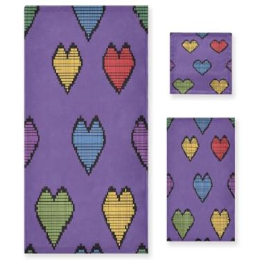 Imagem de Wassud Pixelated Hearts Conjunto de 3 toalhas de banho para dia dos namorados, toalhas super macias e absorventes para banheiro, toalhas de banho de secagem rápida, toalha de banho para academia, spa