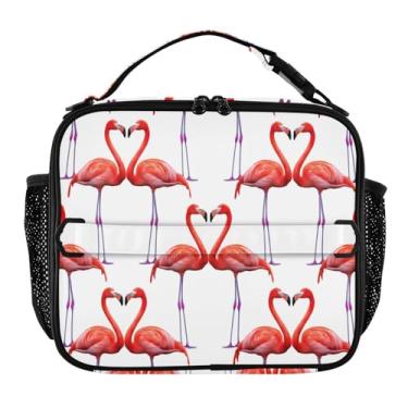 Imagem de Joisal Lancheira branca com corações flamingos rosa para mulheres, meninas, lancheira masculina e infantil, lancheira para trabalho, bolsa térmica para adultos