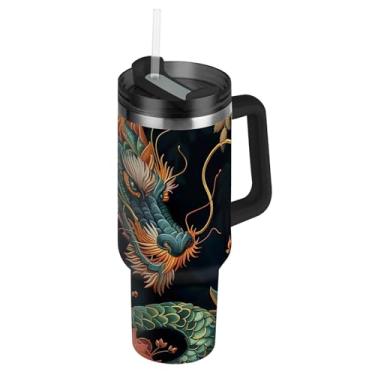 Imagem de Copos com tampa e canudo dragão verde vintage flores chinesas copo com alça 1,134 g garrafas de água com isolamento térmico copos de café quente de aço inoxidável para carro