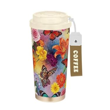Imagem de Flores de primavera borboleta colorida, caneca de viagem de café 41 onças com canudo e tampa, canecas de café de parede dupla isoladas a vácuo com revestimento cerâmico para escritório, escola, festa