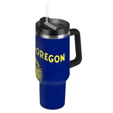 Imagem de Joisal Copos com bandeira do estado de Oregon com tampa e canudos Copo moderno de 1,134 g com alça garrafa de água isolada carros de aço inoxidável caneca de café bebida quente